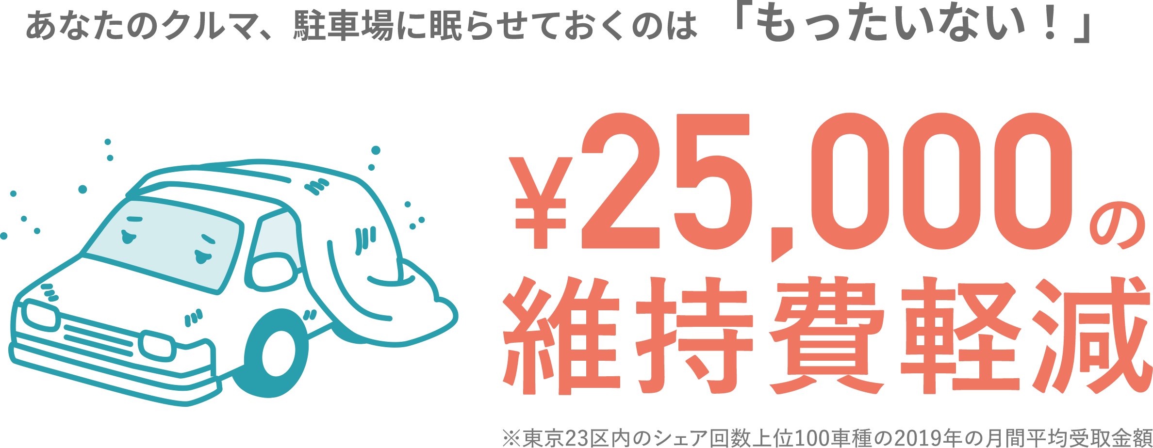 あなたのクルマ、駐車場に眠らせておくのは「もったいない！」￥25,000維持費の維持費軽減 ※東京23区内のシェア回数上位100車種の2019年の月間平均受取金額